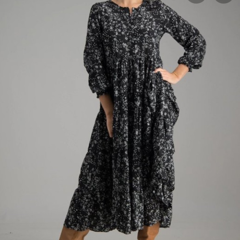 Zara angel tiered floral navy maxi dress